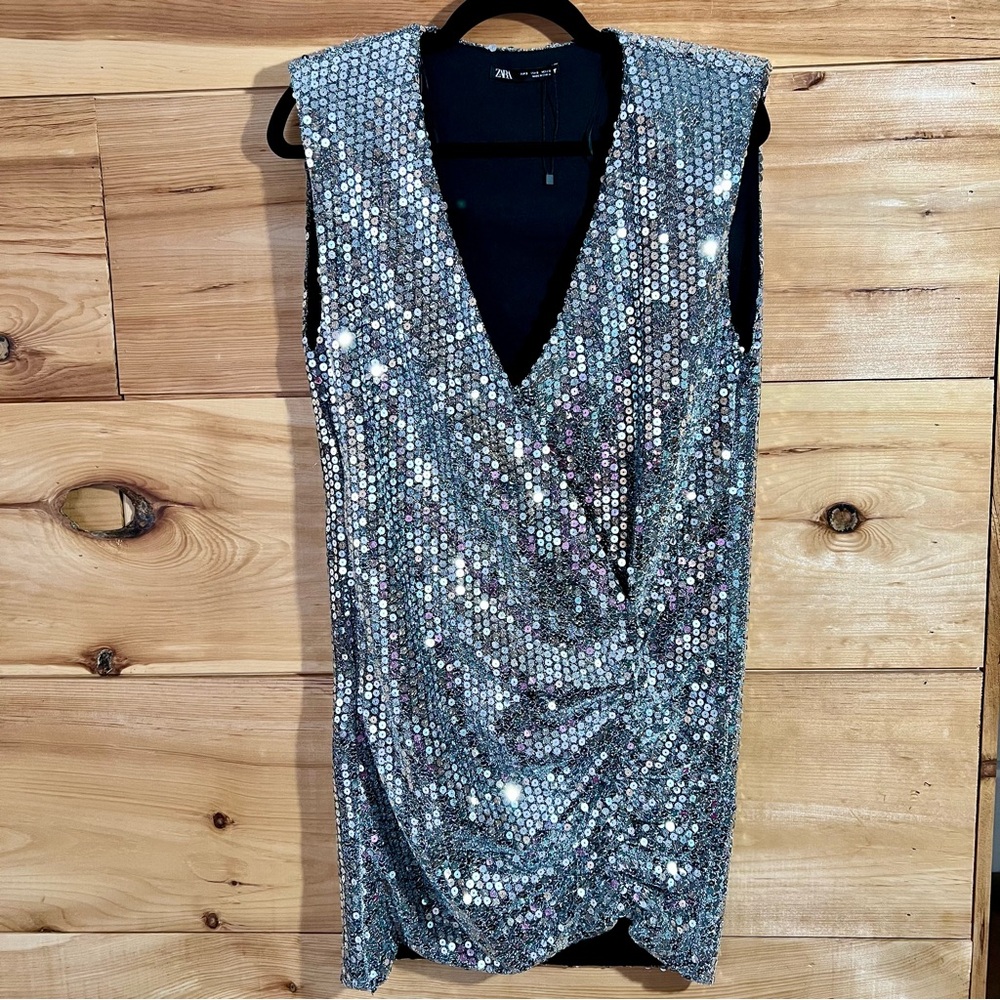 NWOT Zara Elegant Silver Sequined Sleeveless Mini Dress Evening Party Bodycon